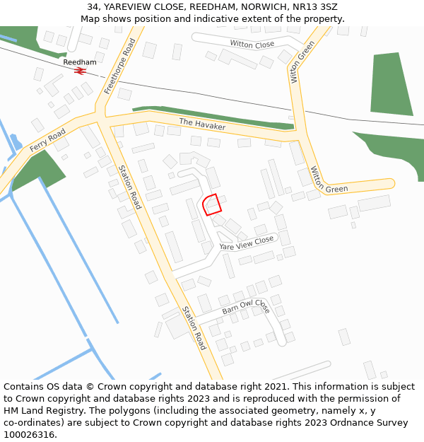 34, YAREVIEW CLOSE, REEDHAM, NORWICH, NR13 3SZ: Location map and indicative extent of plot