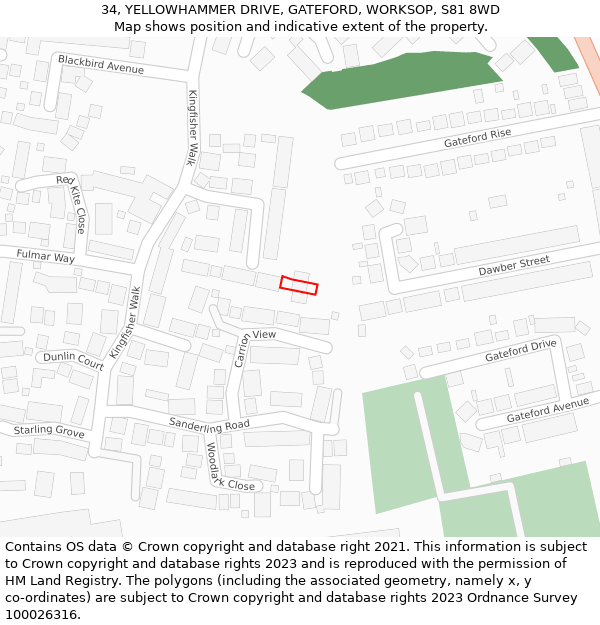 34, YELLOWHAMMER DRIVE, GATEFORD, WORKSOP, S81 8WD: Location map and indicative extent of plot
