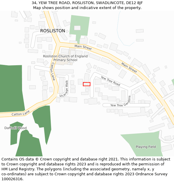 34, YEW TREE ROAD, ROSLISTON, SWADLINCOTE, DE12 8JF: Location map and indicative extent of plot