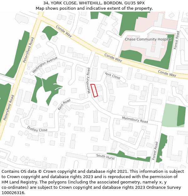 34, YORK CLOSE, WHITEHILL, BORDON, GU35 9PX: Location map and indicative extent of plot