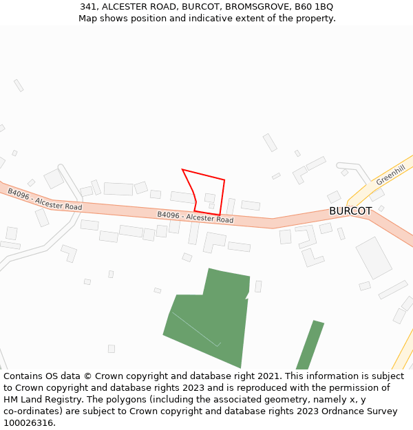 341, ALCESTER ROAD, BURCOT, BROMSGROVE, B60 1BQ: Location map and indicative extent of plot