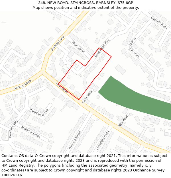 348, NEW ROAD, STAINCROSS, BARNSLEY, S75 6GP: Location map and indicative extent of plot