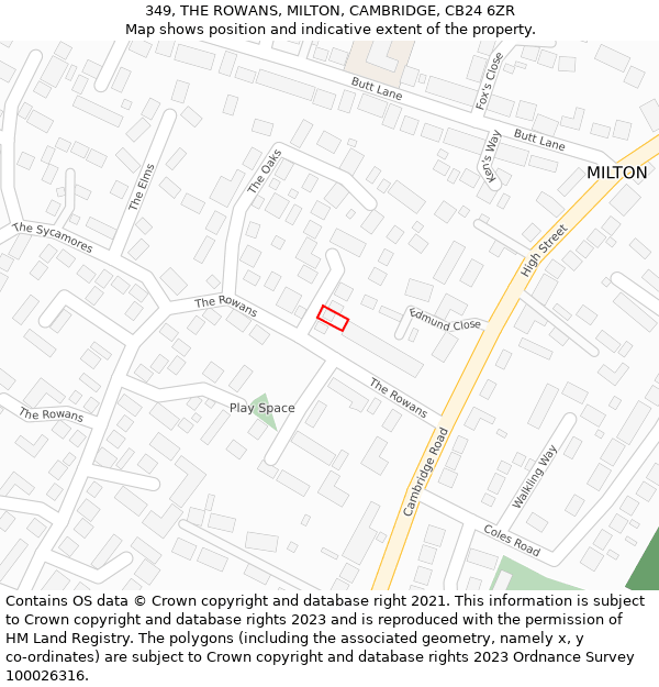 349, THE ROWANS, MILTON, CAMBRIDGE, CB24 6ZR: Location map and indicative extent of plot
