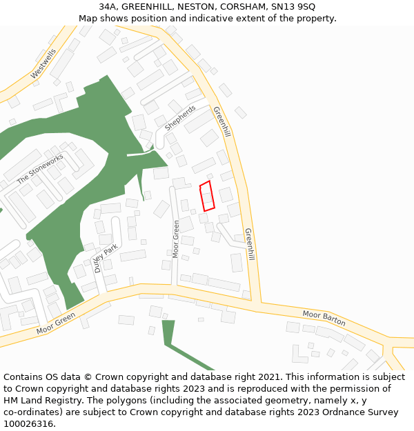 34A, GREENHILL, NESTON, CORSHAM, SN13 9SQ: Location map and indicative extent of plot