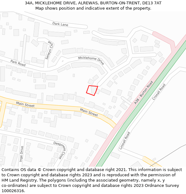 34A, MICKLEHOME DRIVE, ALREWAS, BURTON-ON-TRENT, DE13 7AT: Location map and indicative extent of plot