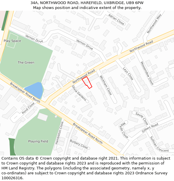 34A, NORTHWOOD ROAD, HAREFIELD, UXBRIDGE, UB9 6PW: Location map and indicative extent of plot