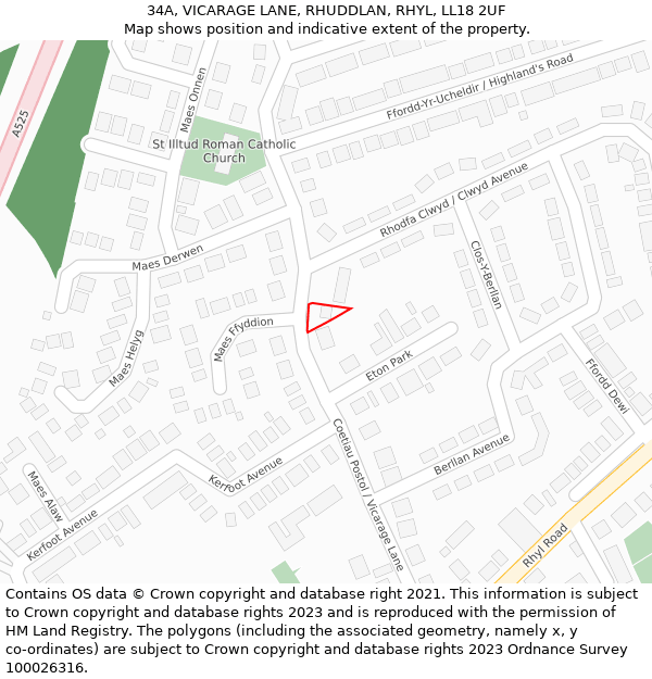 34A, VICARAGE LANE, RHUDDLAN, RHYL, LL18 2UF: Location map and indicative extent of plot