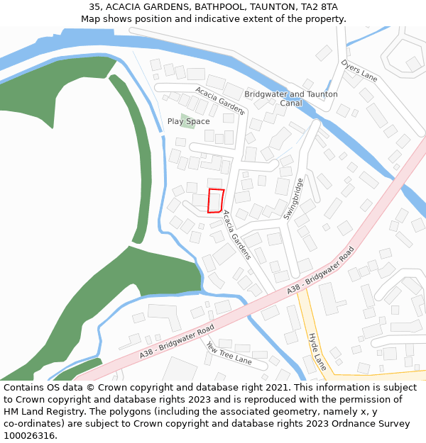 35, ACACIA GARDENS, BATHPOOL, TAUNTON, TA2 8TA: Location map and indicative extent of plot