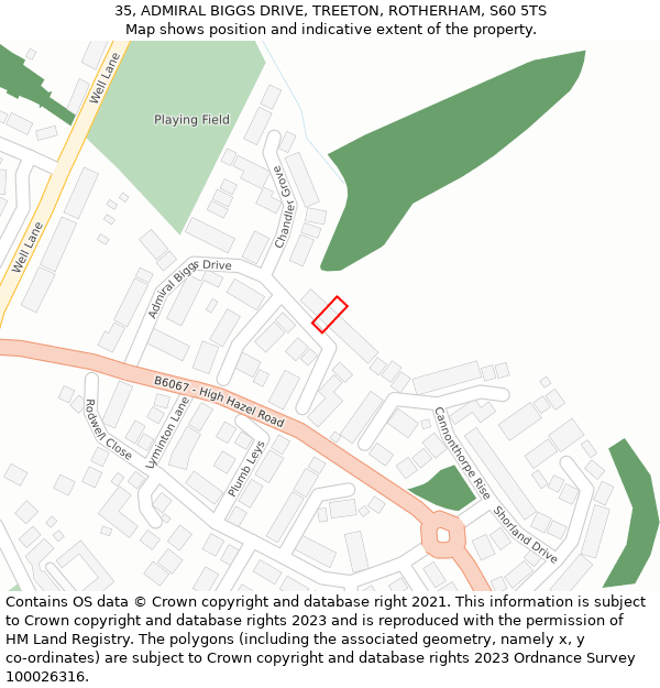 35, ADMIRAL BIGGS DRIVE, TREETON, ROTHERHAM, S60 5TS: Location map and indicative extent of plot