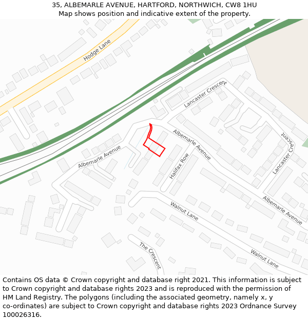 35, ALBEMARLE AVENUE, HARTFORD, NORTHWICH, CW8 1HU: Location map and indicative extent of plot