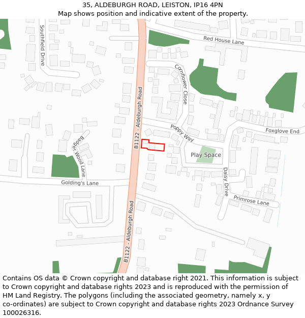 35, ALDEBURGH ROAD, LEISTON, IP16 4PN: Location map and indicative extent of plot