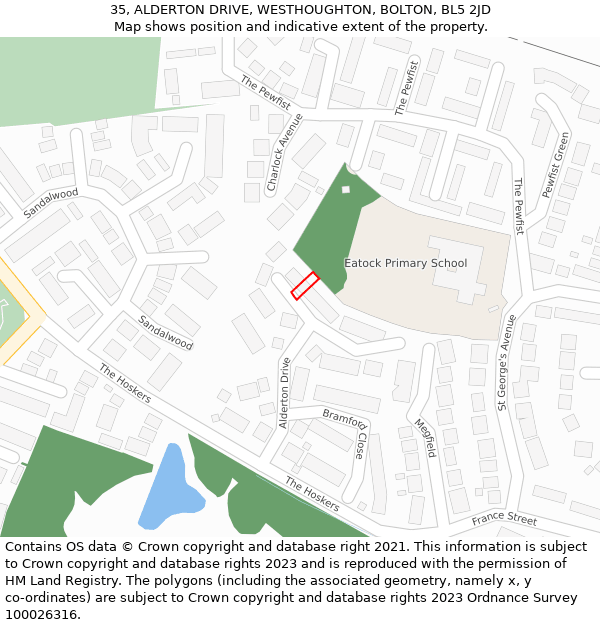 35, ALDERTON DRIVE, WESTHOUGHTON, BOLTON, BL5 2JD: Location map and indicative extent of plot