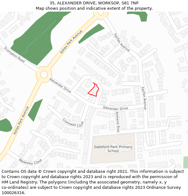 35, ALEXANDER DRIVE, WORKSOP, S81 7NP: Location map and indicative extent of plot