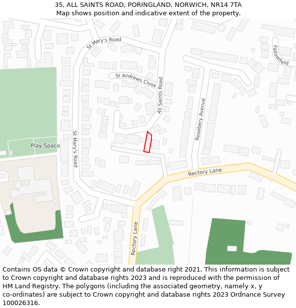 35, ALL SAINTS ROAD, PORINGLAND, NORWICH, NR14 7TA: Location map and indicative extent of plot