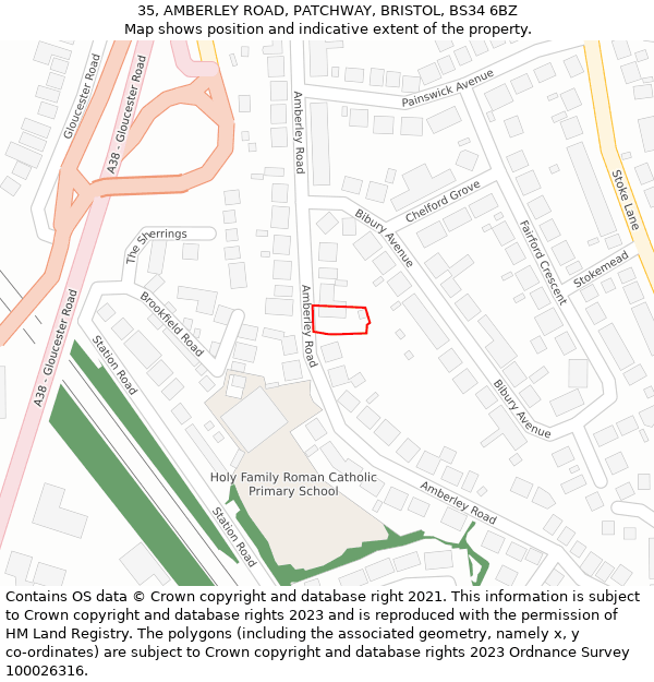 35, AMBERLEY ROAD, PATCHWAY, BRISTOL, BS34 6BZ: Location map and indicative extent of plot