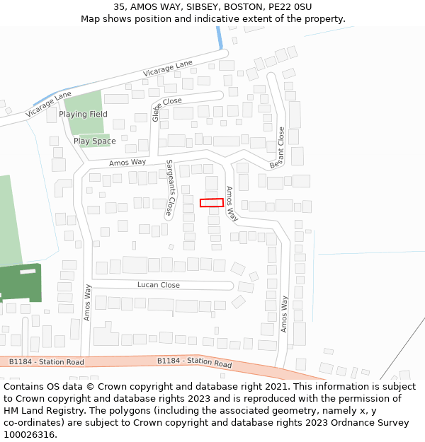 35, AMOS WAY, SIBSEY, BOSTON, PE22 0SU: Location map and indicative extent of plot