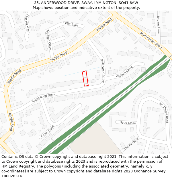 35, ANDERWOOD DRIVE, SWAY, LYMINGTON, SO41 6AW: Location map and indicative extent of plot