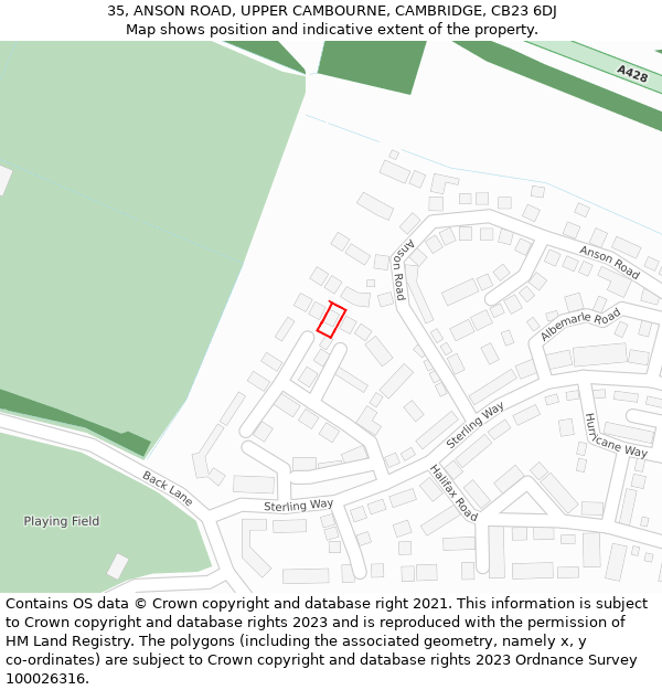 35, ANSON ROAD, UPPER CAMBOURNE, CAMBRIDGE, CB23 6DJ: Location map and indicative extent of plot