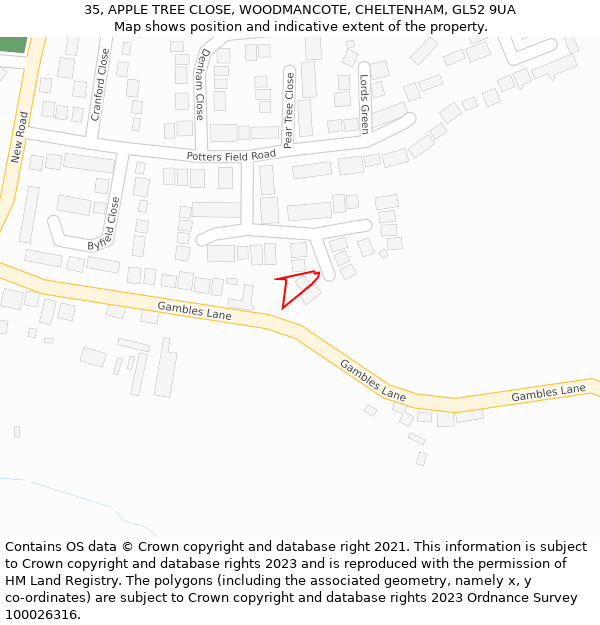 35, APPLE TREE CLOSE, WOODMANCOTE, CHELTENHAM, GL52 9UA: Location map and indicative extent of plot