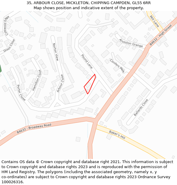 35, ARBOUR CLOSE, MICKLETON, CHIPPING CAMPDEN, GL55 6RR: Location map and indicative extent of plot