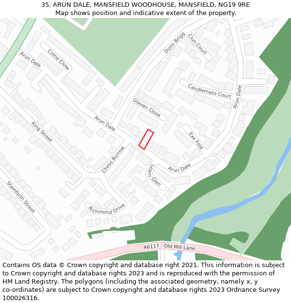 35, ARUN DALE, MANSFIELD WOODHOUSE, MANSFIELD, NG19 9RE: Location map and indicative extent of plot