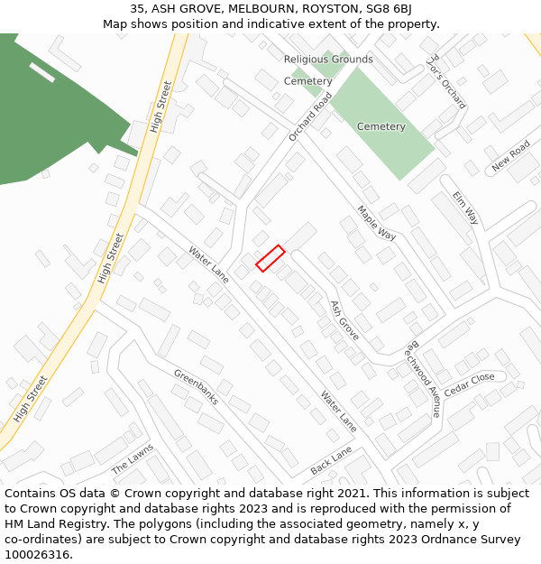 35, ASH GROVE, MELBOURN, ROYSTON, SG8 6BJ: Location map and indicative extent of plot