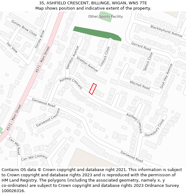 35, ASHFIELD CRESCENT, BILLINGE, WIGAN, WN5 7TE: Location map and indicative extent of plot