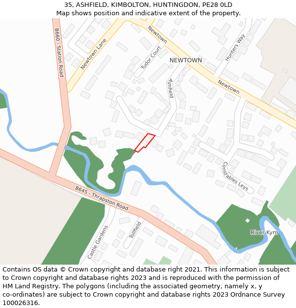 35, ASHFIELD, KIMBOLTON, HUNTINGDON, PE28 0LD: Location map and indicative extent of plot