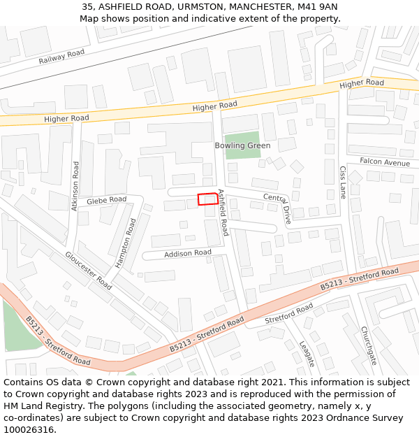 35, ASHFIELD ROAD, URMSTON, MANCHESTER, M41 9AN: Location map and indicative extent of plot