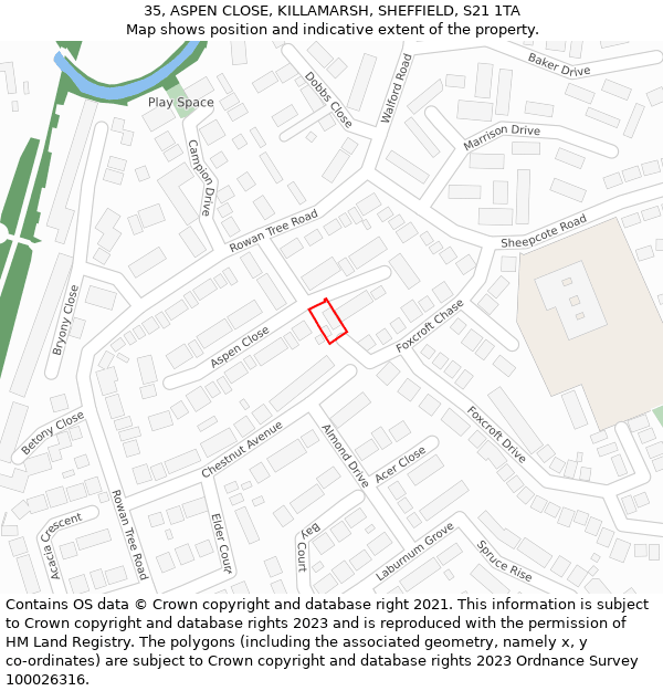 35, ASPEN CLOSE, KILLAMARSH, SHEFFIELD, S21 1TA: Location map and indicative extent of plot