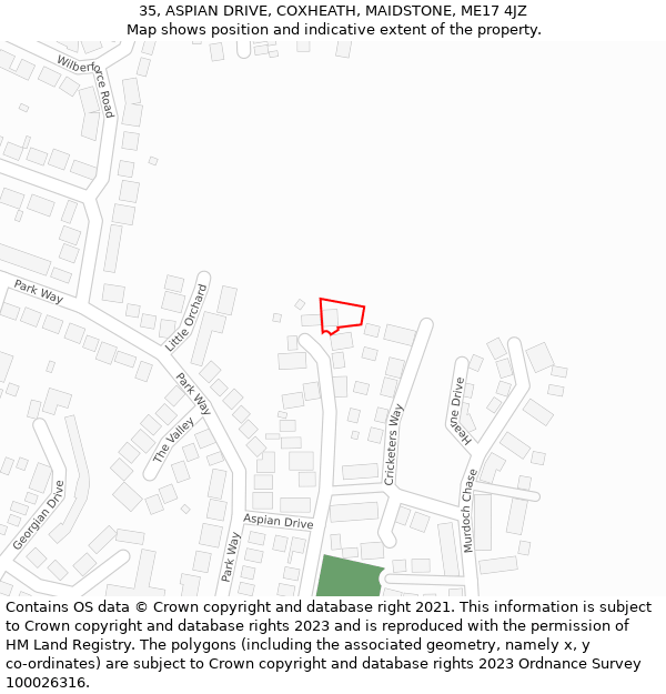 35, ASPIAN DRIVE, COXHEATH, MAIDSTONE, ME17 4JZ: Location map and indicative extent of plot