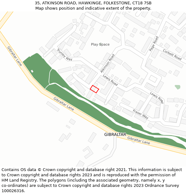 35, ATKINSON ROAD, HAWKINGE, FOLKESTONE, CT18 7SB: Location map and indicative extent of plot