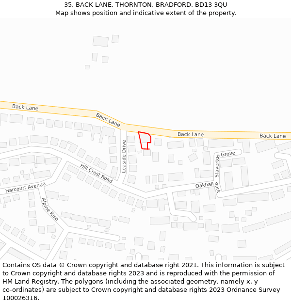 35, BACK LANE, THORNTON, BRADFORD, BD13 3QU: Location map and indicative extent of plot