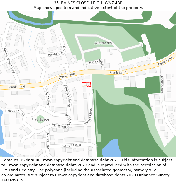 35, BAINES CLOSE, LEIGH, WN7 4BP: Location map and indicative extent of plot