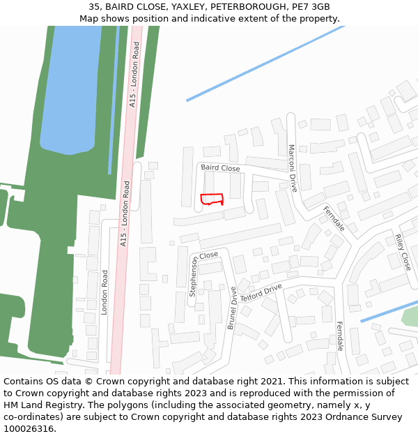 35, BAIRD CLOSE, YAXLEY, PETERBOROUGH, PE7 3GB: Location map and indicative extent of plot