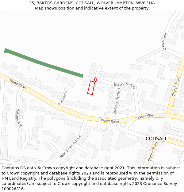 35, BAKERS GARDENS, CODSALL, WOLVERHAMPTON, WV8 1HA: Location map and indicative extent of plot