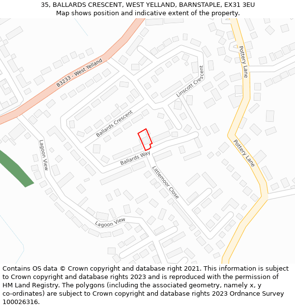 35, BALLARDS CRESCENT, WEST YELLAND, BARNSTAPLE, EX31 3EU: Location map and indicative extent of plot