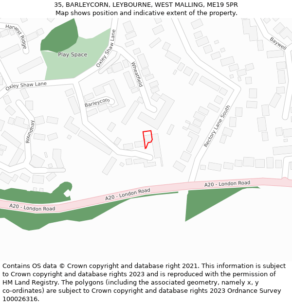 35, BARLEYCORN, LEYBOURNE, WEST MALLING, ME19 5PR: Location map and indicative extent of plot