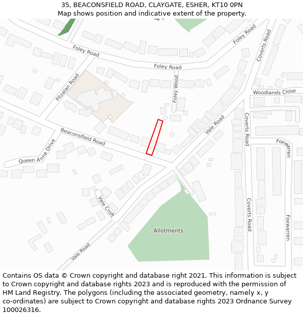 35, BEACONSFIELD ROAD, CLAYGATE, ESHER, KT10 0PN: Location map and indicative extent of plot