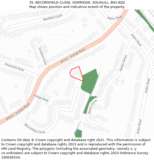 35, BECONSFIELD CLOSE, DORRIDGE, SOLIHULL, B93 8QZ: Location map and indicative extent of plot