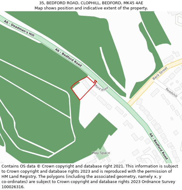 35, BEDFORD ROAD, CLOPHILL, BEDFORD, MK45 4AE: Location map and indicative extent of plot