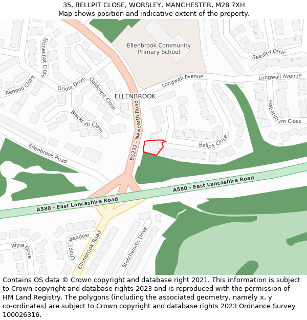 35, BELLPIT CLOSE, WORSLEY, MANCHESTER, M28 7XH: Location map and indicative extent of plot