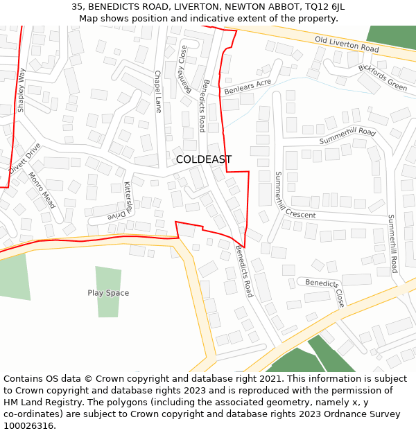 35, BENEDICTS ROAD, LIVERTON, NEWTON ABBOT, TQ12 6JL: Location map and indicative extent of plot