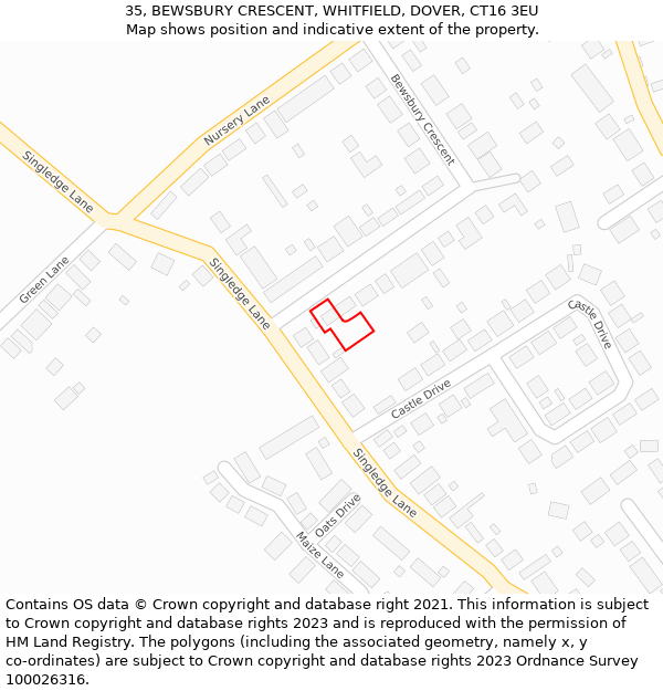 35, BEWSBURY CRESCENT, WHITFIELD, DOVER, CT16 3EU: Location map and indicative extent of plot