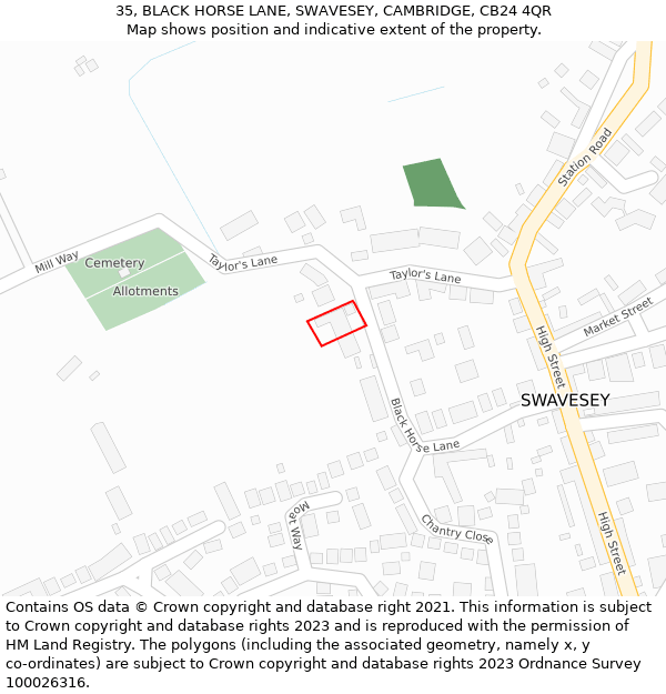 35, BLACK HORSE LANE, SWAVESEY, CAMBRIDGE, CB24 4QR: Location map and indicative extent of plot