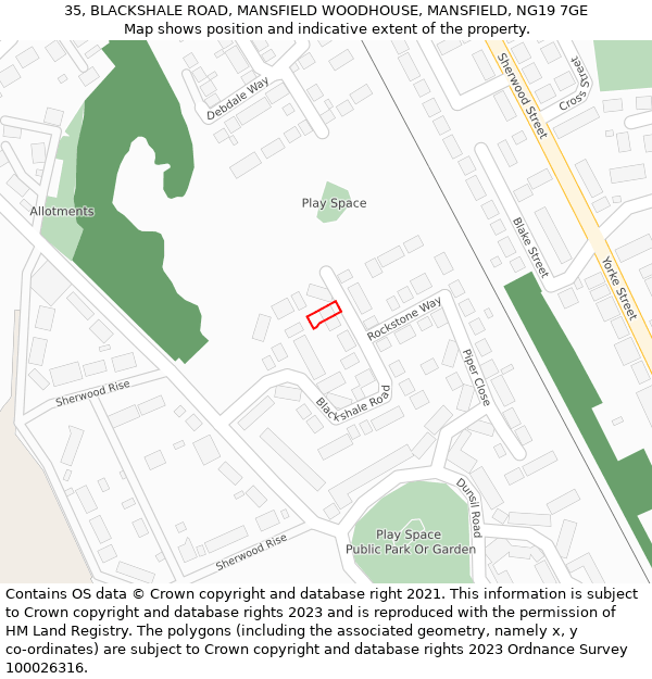 35, BLACKSHALE ROAD, MANSFIELD WOODHOUSE, MANSFIELD, NG19 7GE: Location map and indicative extent of plot