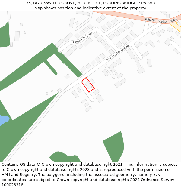 35, BLACKWATER GROVE, ALDERHOLT, FORDINGBRIDGE, SP6 3AD: Location map and indicative extent of plot