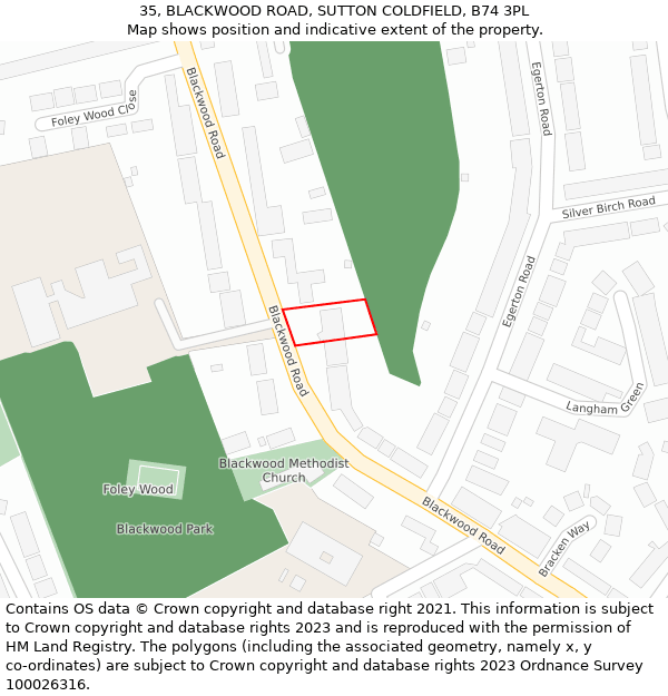 35, BLACKWOOD ROAD, SUTTON COLDFIELD, B74 3PL: Location map and indicative extent of plot