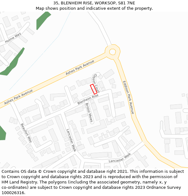 35, BLENHEIM RISE, WORKSOP, S81 7NE: Location map and indicative extent of plot