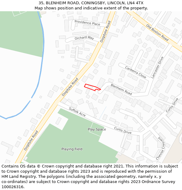 35, BLENHEIM ROAD, CONINGSBY, LINCOLN, LN4 4TX: Location map and indicative extent of plot